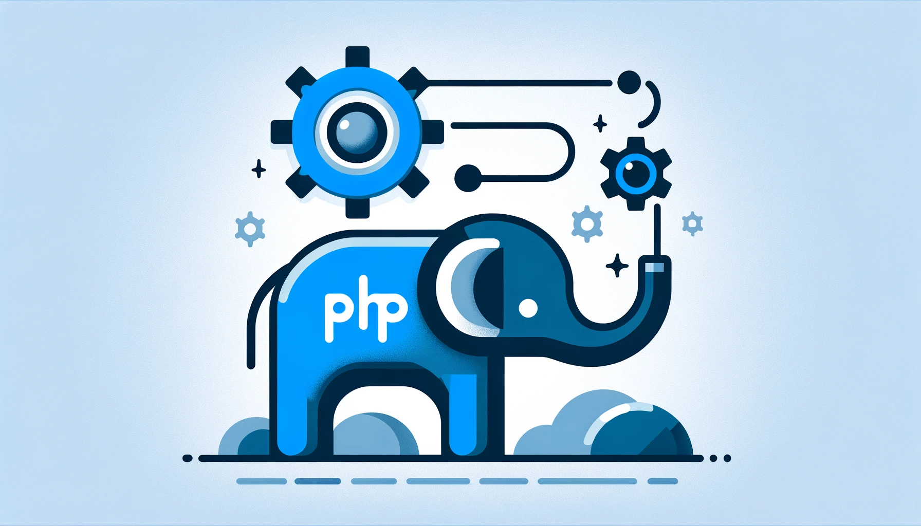 Minimalist flat design illustrating a PHP generator. A stylized blue elephant represents PHP, and a simplified gear or cogwheel symbolizes the generator aspect.